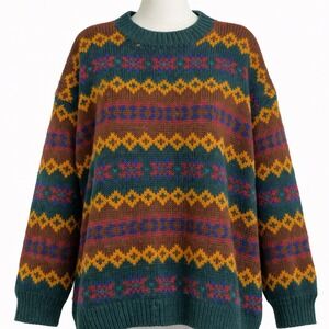 Vtg GAP 100% Wool Geometric Fair Isle Sweater L Green Cottagecore Grandpa